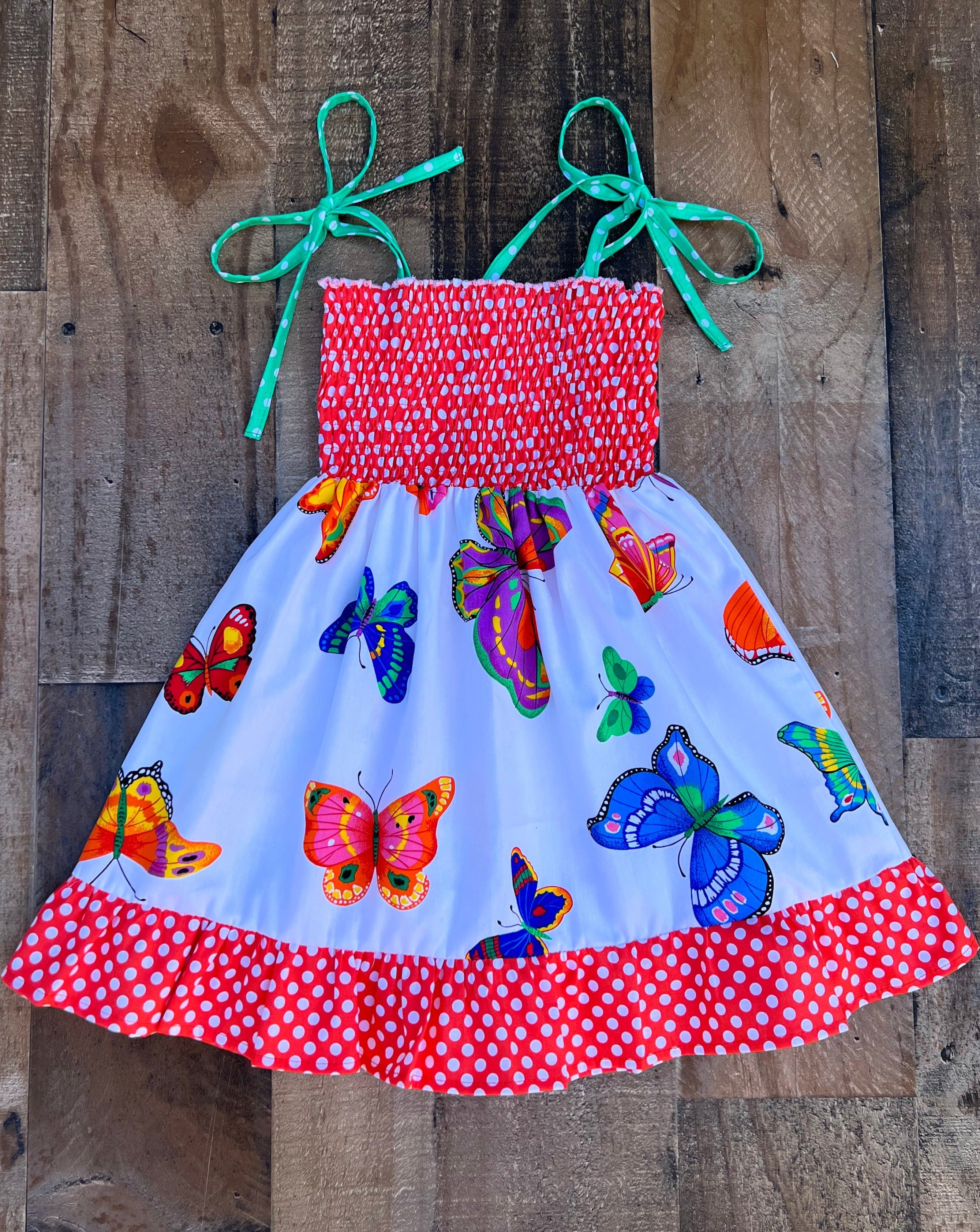Rainbow Butterfly Print Smocked Dress