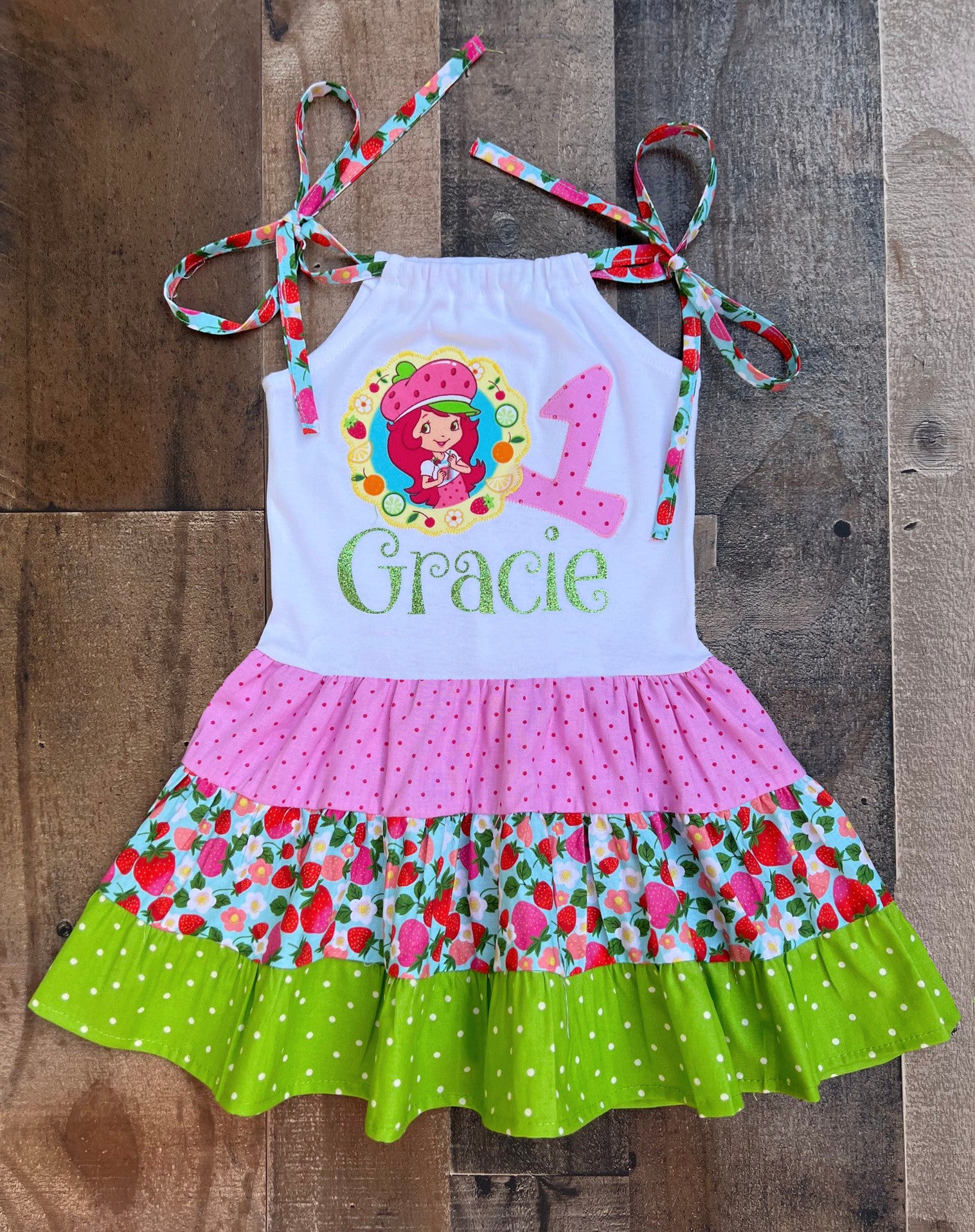 strawberry shortcake birthday dress Girl Celebration Availability_On-Display lime and pink polka Color:Purple Wisteria Modern A-Line Wedding Dress