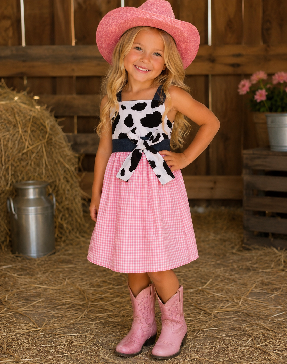 Western Wear Pink White Gingham Cow Print Dress