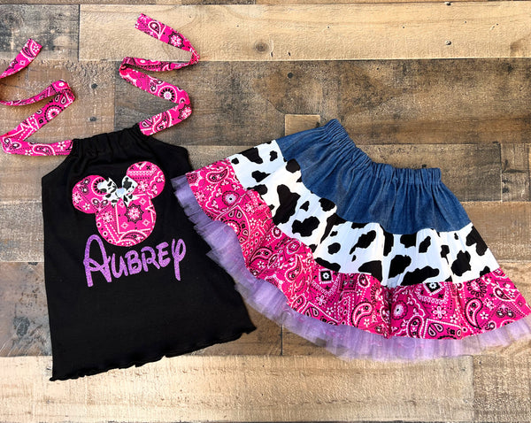 Minnie Mouse Cow Print Pink Bandana Outfit