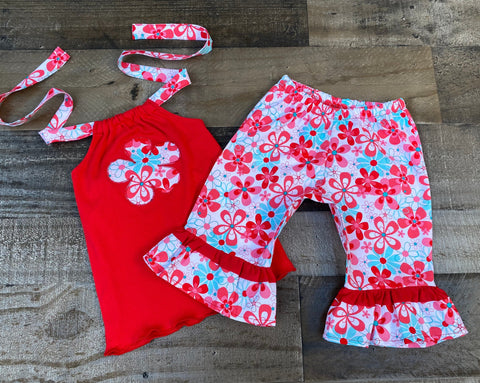 Aqua Red Floral Handmade Capris And Halter Top Handmade Outfit
