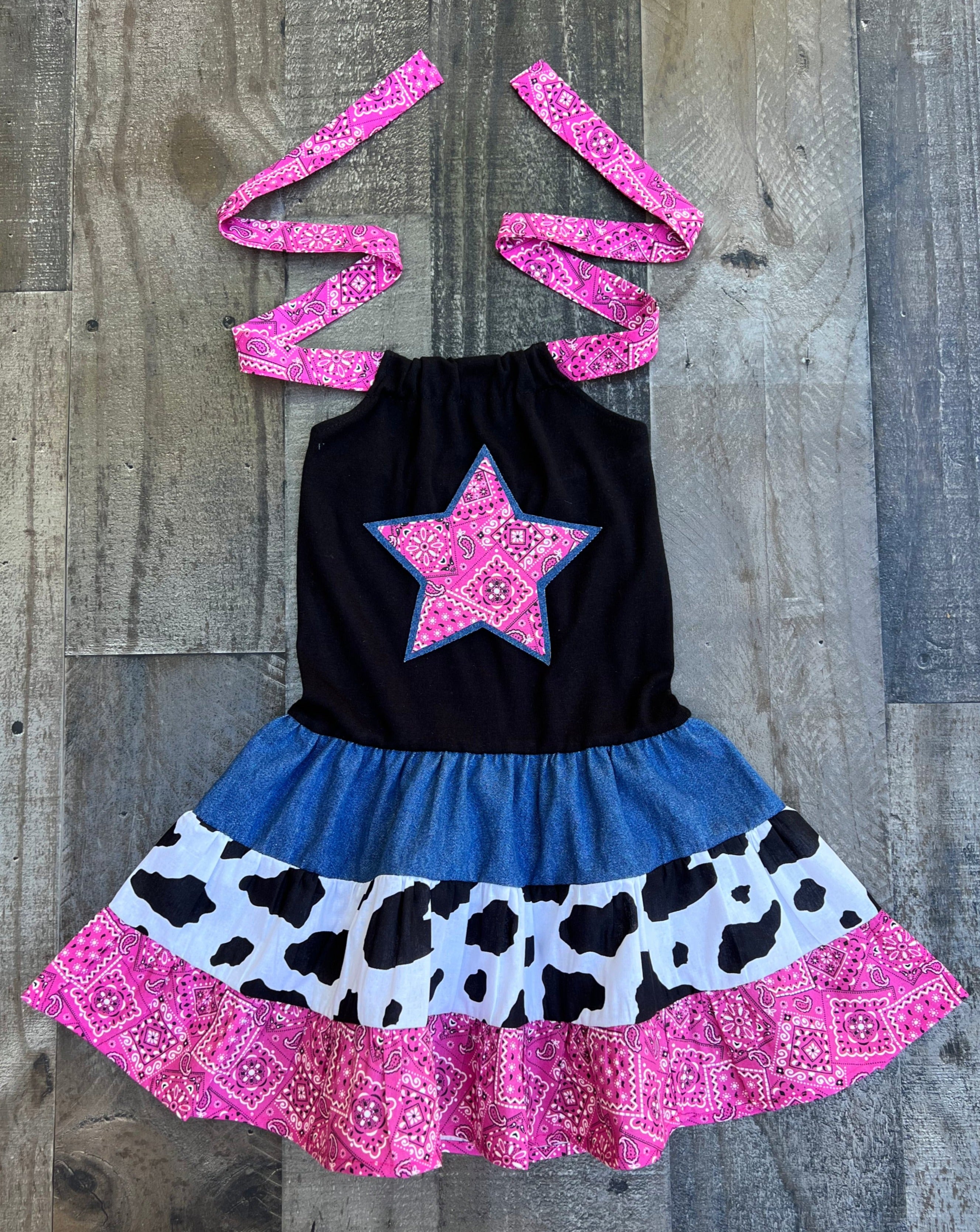 Western Wear Cow & Hot Pink Print Dress