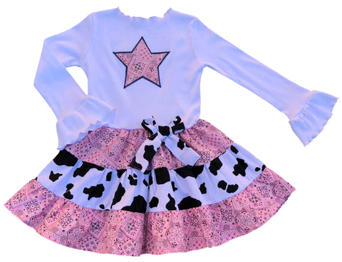 Western Wear Pink Bandana Cow Print Dress