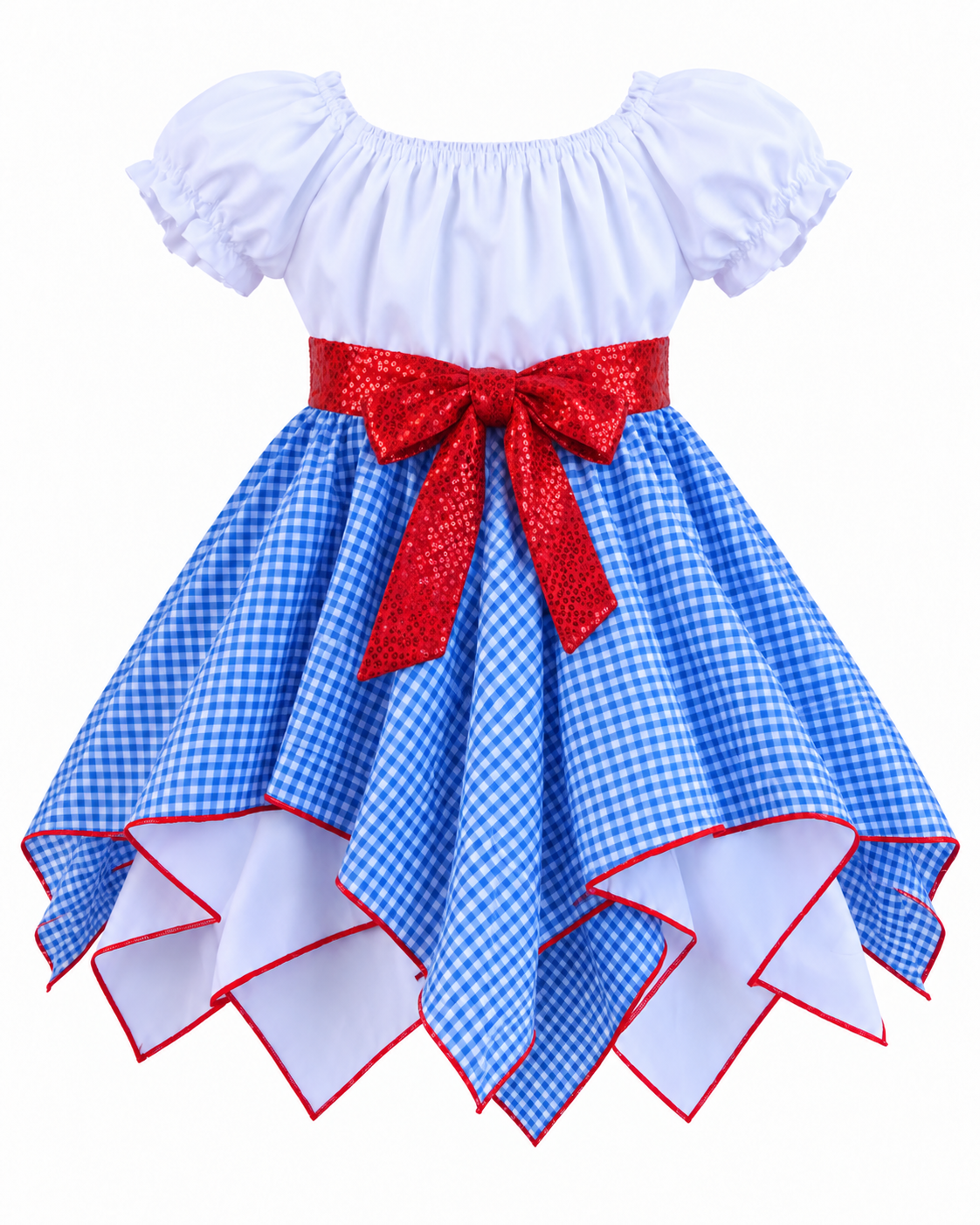 Back view of the Dorothy Wizard of Oz costume dress for girls, blue and white gingham with handkerchief hem