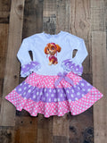 Paw Patrol Skye birthday girl twirl dress with pink and lavender polka dot tiered skirt