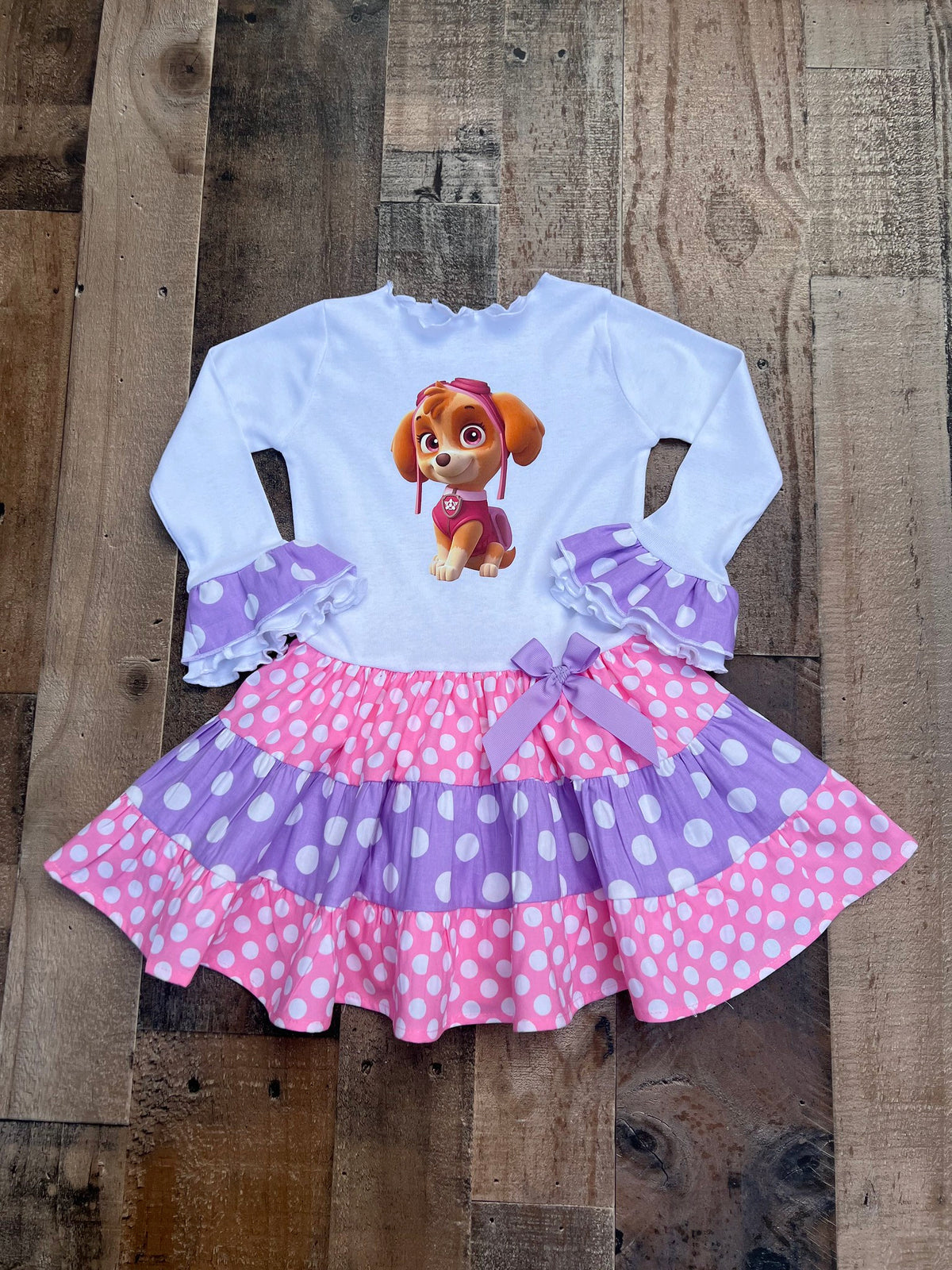 Paw Patrol Skye birthday girl twirl dress with pink and lavender polka dot tiered skirt