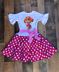 Paw Patrol Skye birthday girl dress with magenta polka dot skirt and tie-waist sash