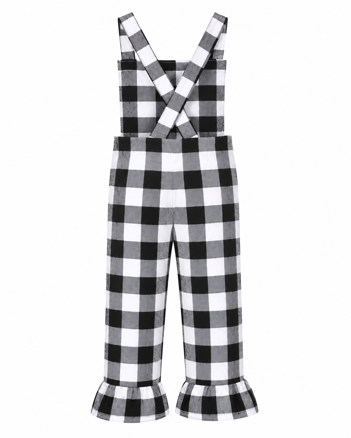 A children's black and white buffalo check gingham jumpsuit with shoulder straps that cross at the chest and ruffled hems, shown on a plain white background.