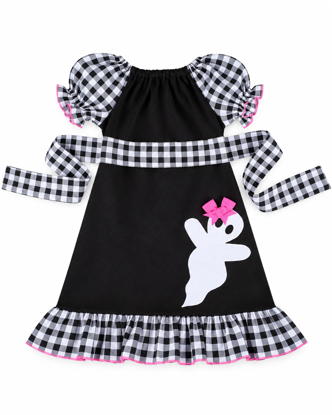 A toddler girl's Halloween dress featuring a black body, black and white gingham patterned sleeves and collar trim, a white ghost applique with a pink bow, and a gingham ruffled hem with pink trim.