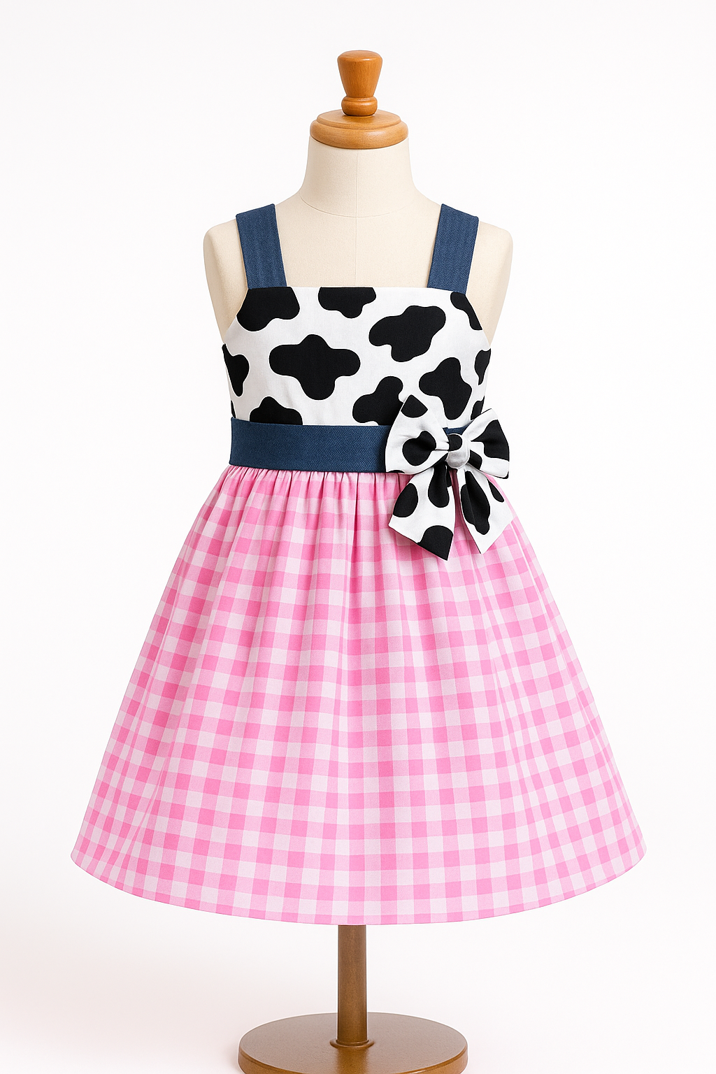Western Wear Cow Print Dress | Pink Gingham Dress | Cow Print Girl Dress | Barnyard Country Girl Dress