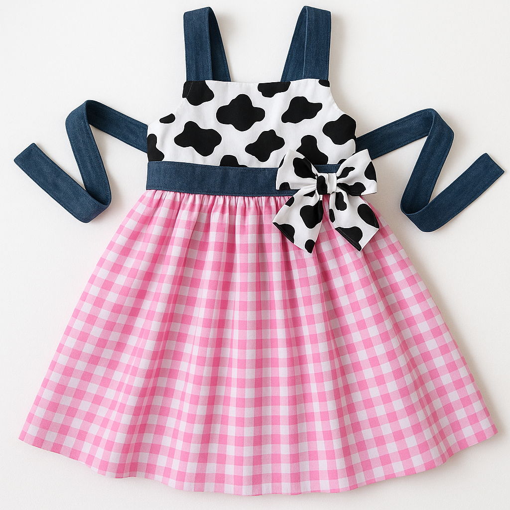 Western Wear Cow Print Dress | Pink Gingham Dress | Cow Print Girl Dress | Barnyard Country Girl Dress