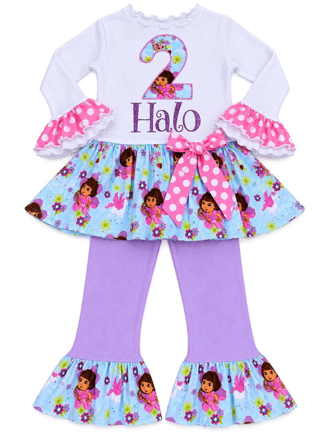 A toddler girl's two-piece Dora the Explorer themed outfit featuring a white long sleeve top with a '2 Halo' graphic, a light blue ruffled skirt with Dora prints, and lavender flare leggings with matching ruffled hems.