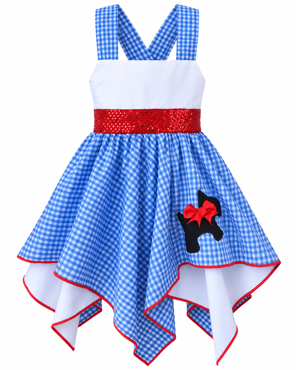 Dorothy Wizard of Oz halter dress for girls in blue gingham with red sequin belt and Scottie dog patch