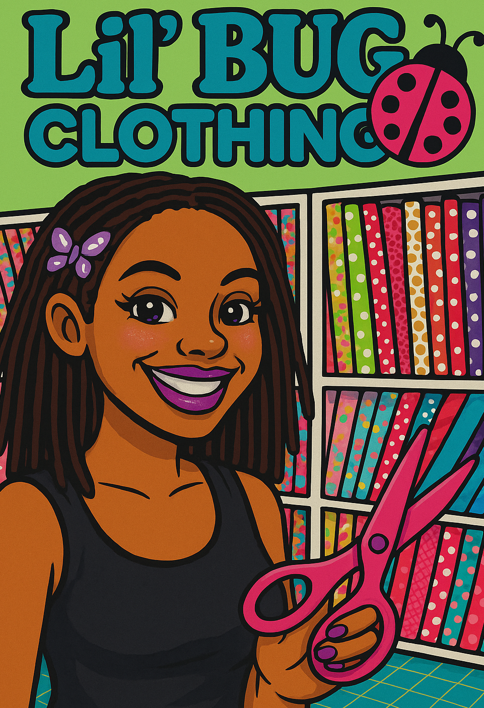 Cartoon girl holding pink scissors with colorful bookshelf and 'Lil' Bug Clothing' text in the background