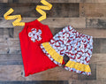 This cute Hello Kitty outfit would be perfect for a Hello Kitty theme birthday party celebration or just a fun day out in the sun. Top is a black comfy knit peasant style with ties that tie in back to keep fitted and a cute Hello Kitty applique on the front. The shorts are a cute Hello kitty pink gray and black fabric print.