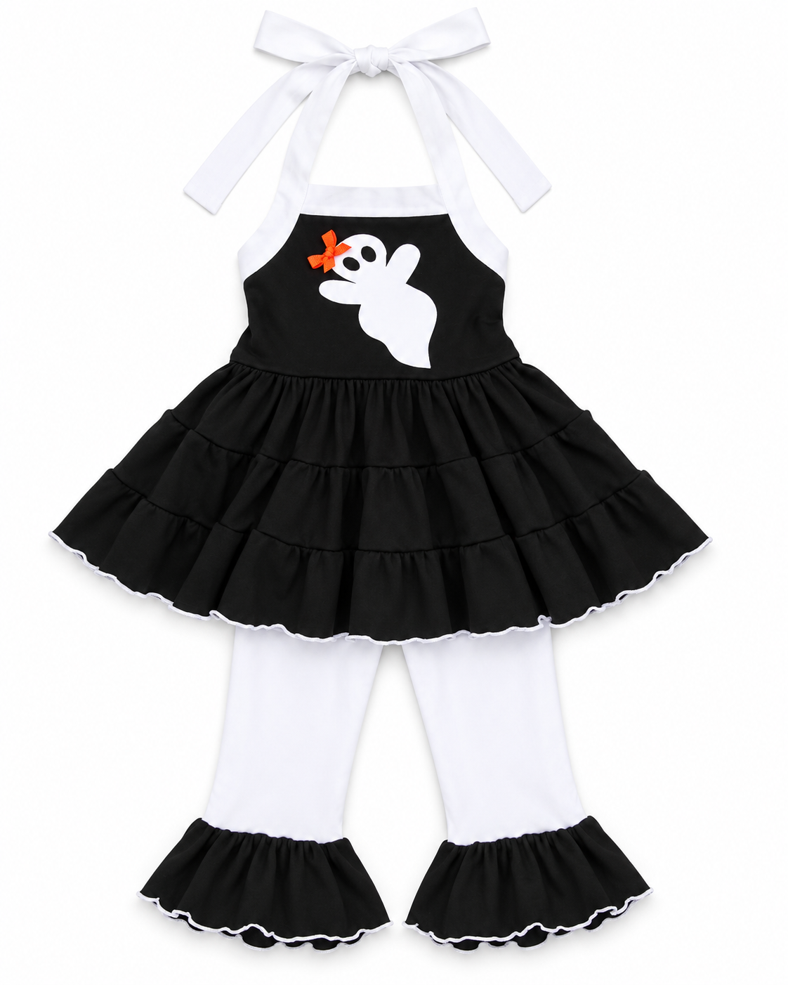 Halloween Ghost Outfit for Girls, Halter Top and Black Ruffle Leggings