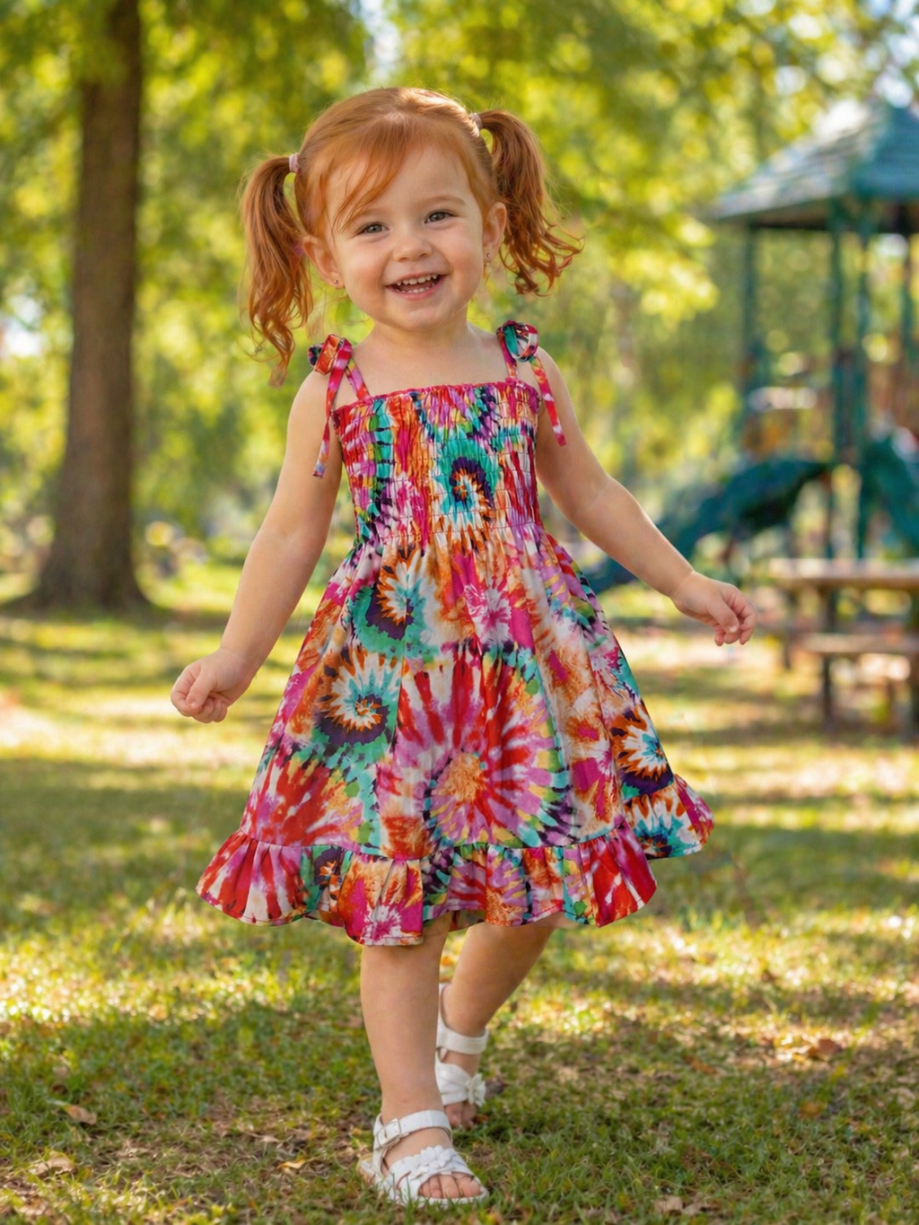 Groovy Rainbow Tie Dye Smocked Dress