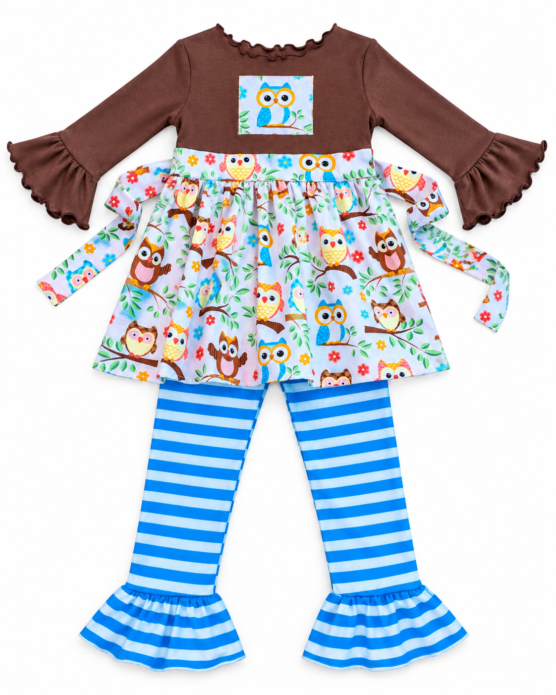 A toddler girl's three-piece outfit set featuring a brown long-sleeve top with ruffled cuffs, a matching printed skirt with owl patterns, and blue and white striped ruffled leggings, displayed on a white background.