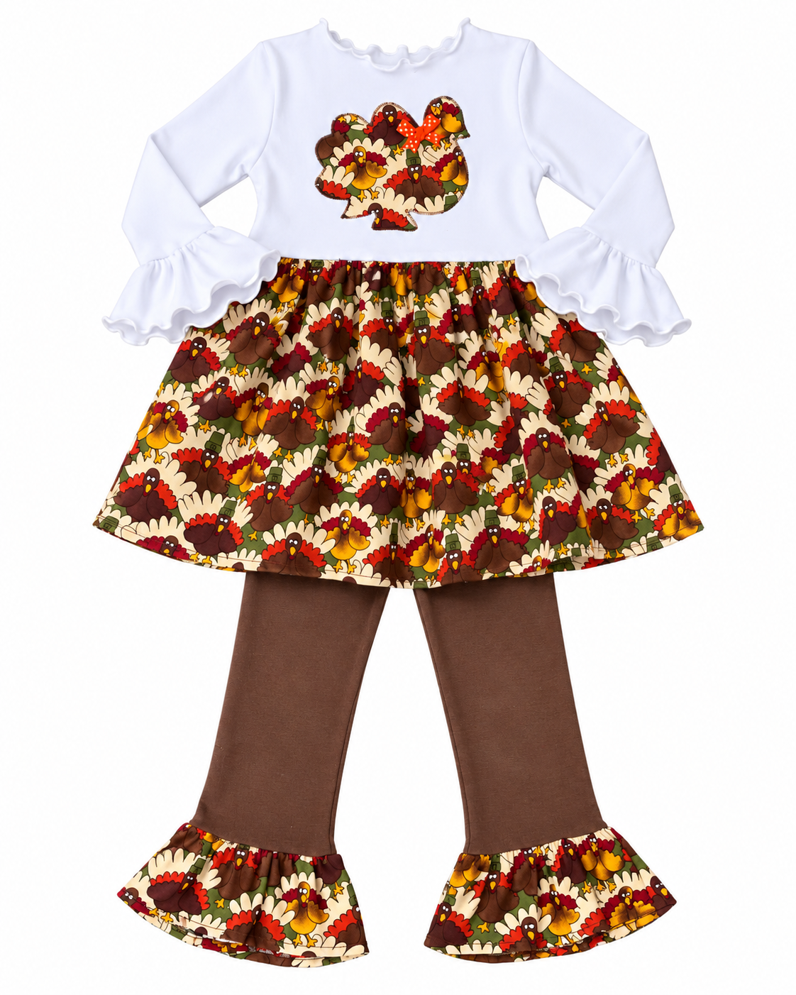A toddler girl's two-piece autumn outfit featuring a white long-sleeve top with ruffled sleeves and a turkey print applique on the chest, paired with brown flared leggings that have matching turkey and daisy print ruffled hems.