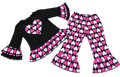 Girls Valentine's Day outfit with black ruffle top, heart applique, and pink and white heart print bell bottom pants