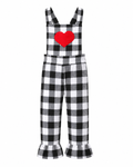 A children's black and white buffalo plaid jumpsuit with a red heart applique on the chest, photographed against a solid white background.