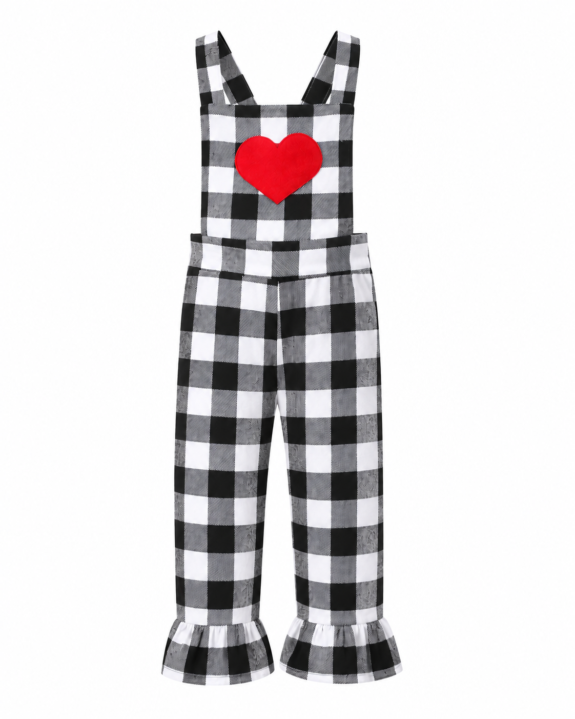 A children's black and white buffalo plaid jumpsuit with a red heart applique on the chest, photographed against a solid white background.