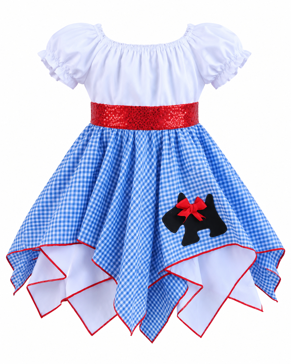 Dorothy Wizard of Oz costume dress for girls in blue gingham with red sequin belt and Scottie dog patch