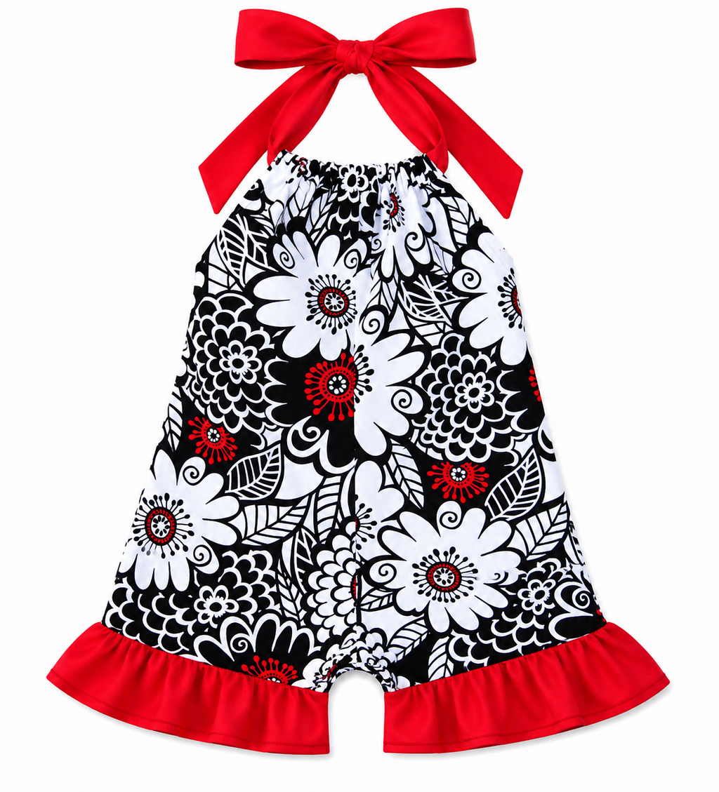 Red & Black Floral Piece Romper Outfit
