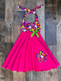This cute Hello Kitty dress would be perfect for a Hello Kitty theme birthday party celebration or just a fun day out in the sun. Dress is halter style with a hot pink comfy knit skirt panel. Top bodice is a purple floral Hello Kitty print.