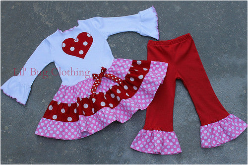 Valentines Day Pink Red Polka Dot Heart Tiered Top And Leggings