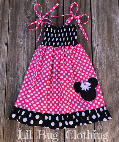 Hot Pink & Black Minnie Mouse Smocked Dress