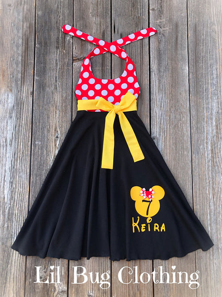 Minnie Mouse Personalized Birthday Girl Red & Yellow Twirl Dress