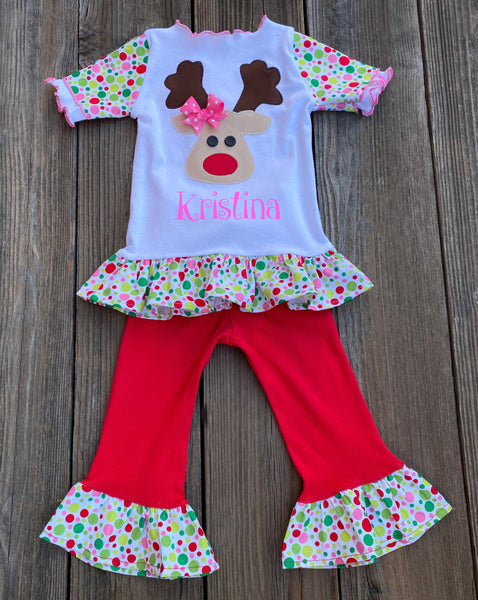 Rudolph Red Nose Reindeer Holiday Girl Outfit 