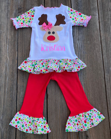 Rudolph Red Nose Reindeer Holiday Girl Outfit 