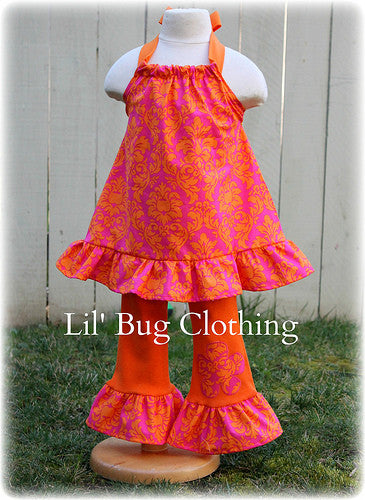 Pink & Orange Damask Summer Halter Top And Leggings Outfit