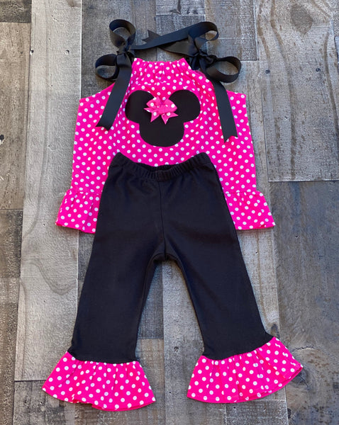 hot pink white polka dot Minnie Mouse girl outfit 