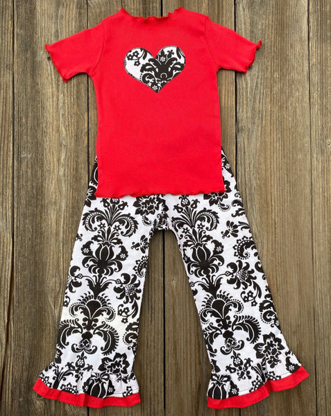 Valentines Day Damask Pants Tee Outfit Girl