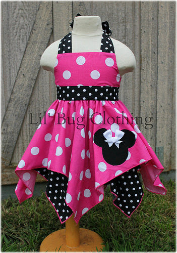 Hot Pink Black White Dot Minnie Mouse Handkerchief Dress